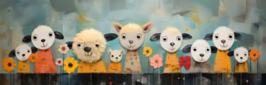 a row of cute miniature lambs, a collage of mixed media art made with tissue paper, magazine and newspaper clippings, oil paint, graphite pencil lines and fabric, in the style of playful surrealism, whimsical, washi tape
