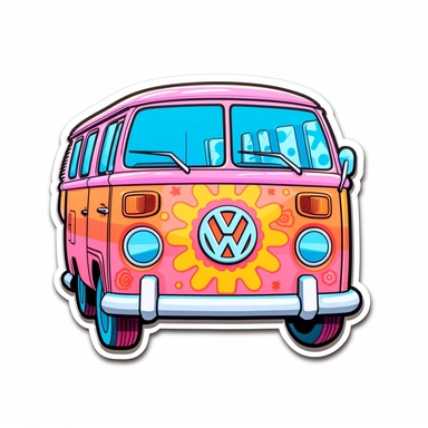 clipart of the front of a VW van, white background, groovy style, pink, orange, aqua, peace stickers in the front