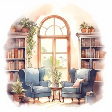 Watercolor dreamy reading vintage nook by a big window view , vintage furniture on a white background, Illustration clipart, 4K, extremely detailed