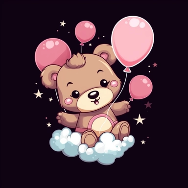 Cute Simple Cartoon Brown Baby Bear sitting on a cloud smiling wearing a pink bib and holding white and pink balloons, clipart, black background
