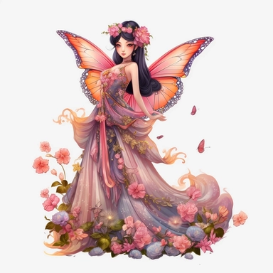 asian fairy, full body, realistic, beautful wings, flowers, small smile, fully dressed, cartoon style, Fantasy Clipart, PNG Clipart, Illustration clipart, 4K, extremely detailed
