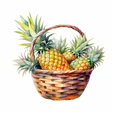 picturesque, simple, bright, the best simple Assorted pineapple in a basket in the world, clipart on white background, watercolor, painted by Beatrix Potter, 8k