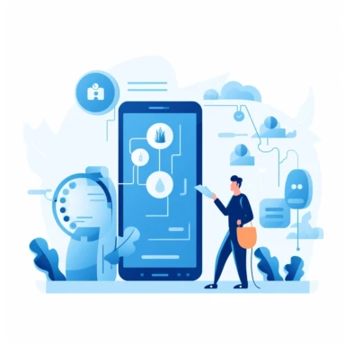 clipart in light blue colors in modern style showing how a phone call is automatically logged into CRM