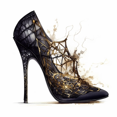 Idyllic watercolor and ink clipart of spiky high heel shoe, dark gothic black gothic cobweb design with gold accent, isolated on a white background, dark moody colors, highly detailed, ultra-realistic