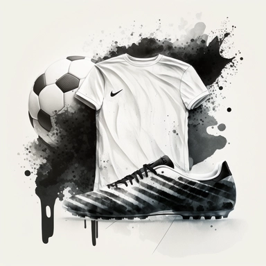 a watercolour drawing of the back of a white soccer shirt with black trimming, a black and white soccer shoes next to a black and white soccer ball lay in front, black and white, unbranded. painting, photorealistic brush strokes, geiger art, watercolor, ,