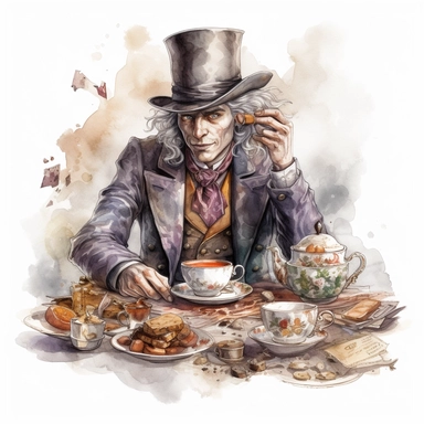 the mad hatter: a young handsome man with grey hair wearing a very big steampunk hat and mechanical coat, and a metallic cup of tea in his hand. He's having a tea party on a table full of tea and pastries. Realistic watercolor portrait, crisp white background, clipart