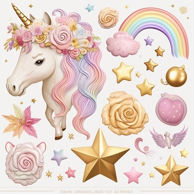 rainbow pastel large rainbow, unicorn, gold star, pink star, hearts, flowers, roses, plastercine, soft Illustration light, clipart svg white background