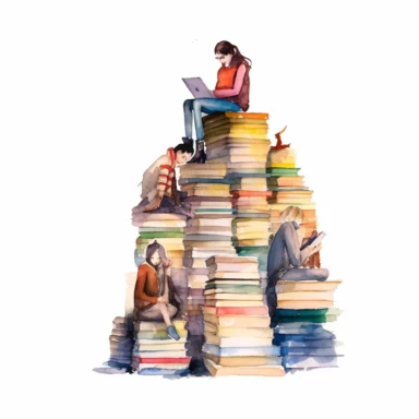 watercolor, people and mystery characters with a stack of books Collection of men and women reading literature immersing in a fantasy world isolated on white. Imagination concept png Full body realistic cartoon in 32K UHD cute. 15 cm thick outline. Black color. There was no shadow on the ground. 8k with realistic watercolors and detailed illustrations. PNG clipart, transparent white background