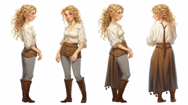 4 full body modern poster style illustration cute white russian girl with spiral curly blonde hair to the shoulder and with brown eyes wearing medieval peasant clothes character clip art, HD, Isolated on white background, spaced out, intricate detail