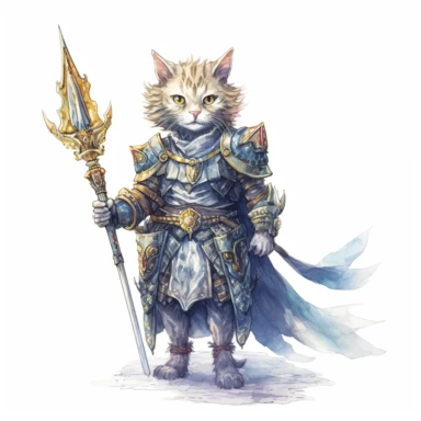 Create a stunning watercolor clipart composition of a regal grey-furred cat-knight, wielding a majestic golden sword, adorned with intricate engravings and glowing gemstones, as she bravely leads her feline army into battle against hordes of moth-like demons. In HD on a white background.