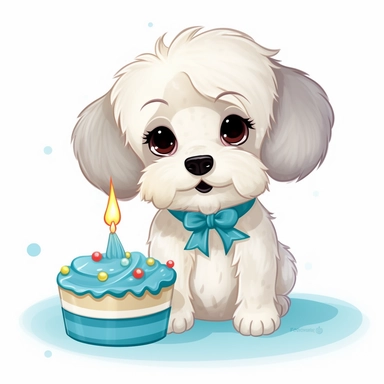 clipart of a cute havanese puppy presenting a birthday cake, kawaii style illustration, white background