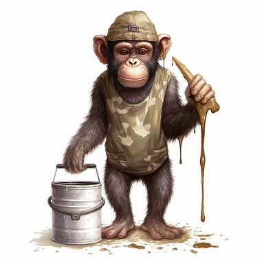 clipart of standing chimpanzee, holding dripping brush and bucket to paste poster onto wall in the style of artist Shepard fairy