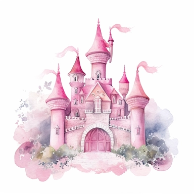 Princess castle clipart, watercolor princess pink fairy kingdom, white background