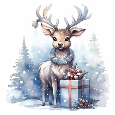 A lovable reindeer with a beautifully wrapped gift, snowflakes, a snowy mountain landscape, a hint of a moonlit sky., ornamental watercolor clipart
