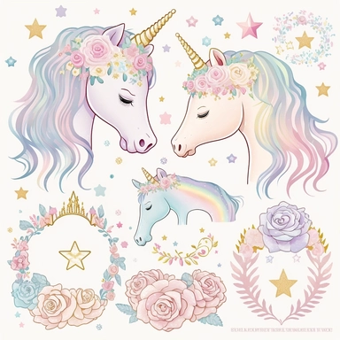 a collection of 3 rainbow pastel unicorn, princess tiara, rainbow, gold star, pink star, hearts, flowers, roses, plastercine, soft watercolour light, clipart svg white background