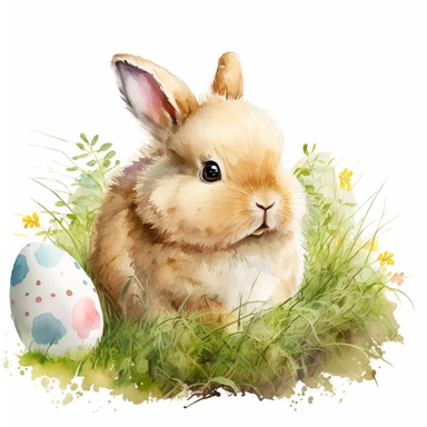 super cute fluffy bunny, watercolor illustration, Easter eggs, grass, clipart