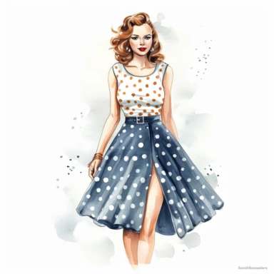 watercolor, hyper realistic, white background, white margins, 16k, ultra detailed clipart, cut out image, hand-drawn, whimsical a pretty lady wear a vintage-inspired polka dot dress with a sweetheart neckline, reminiscent of the classic summer style.