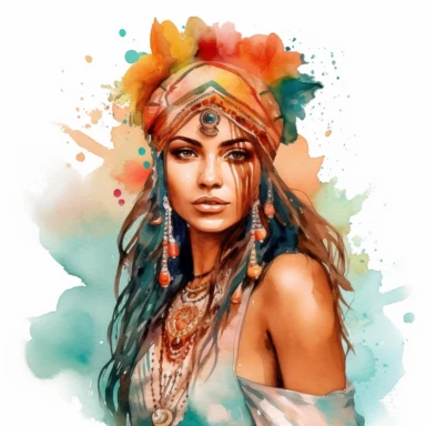 watercolor boho indian beautiful woman clipart, hd, on white background, spaced out