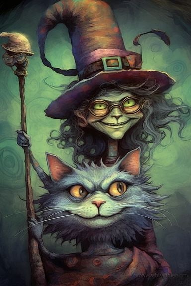 SURREAL cartoon crone witch and her cat, with her huge grin,large head big eyes, huge eyeglasses, wearing pointed hat , stormy clouds in the background ,painted in many colors,, swirling colors, intricately textured, airbrushing, layered imagery, split toning. detailed watercolor . clip art, cartoon, 8k