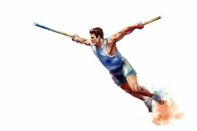 Watercolor, Generate an illustration of a pole vaulter planting the pole and propelling themselves over the bar clipart, hd, on a white background, spaced out