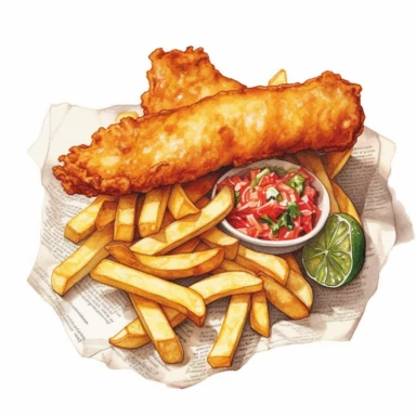 Traditional British Fish and Chips served in a newspaper, Clipart, watercolor, white background, intricate detail.