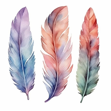 cute watercolor newborn boho feathers, isolated white background, babyshower clipart, 8k, soft multicolor boho colors