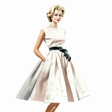 1960s woman standing in beautiful dress, christian dior high fashion, clip art, illustration, watercolor, photorealism, detailed painting, very high quality, hd on white background, spaced out ar 3:2