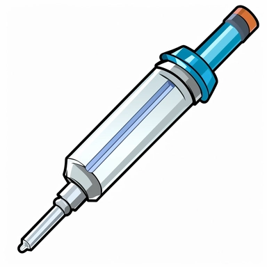 Please create a clipart-style drawing of a pipette tip designed for the arm of a liquid handling robot. The pipette tip should be viewed from the front and depicted in a simple and recognizable manner. The drawing should have a white background. The pipette tip is an essential component of a liquid handling robot's arm, used for precise and controlled transfer of fluids in biomedical research and laboratory settings. It enables accurate dispensing and aspiration of liquids during various scienti