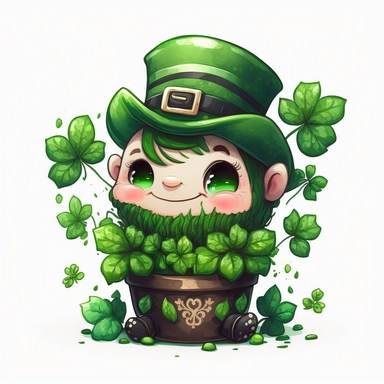 cute good mood dwarf smile wearing a green top hat St Patrick Day, clovers background, illustration, watercolor, chibi, 2d, icon, clipart, white background