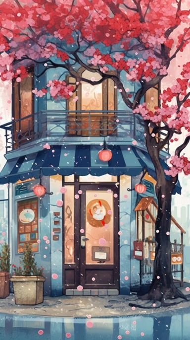 Very very cute and Whimsical quirky Jazzy coffee shop, building corner, cherry tree blossom, Raining colorful, Watercolored illustration in the style of Michael Powell, clipart, city vibe background - 8K