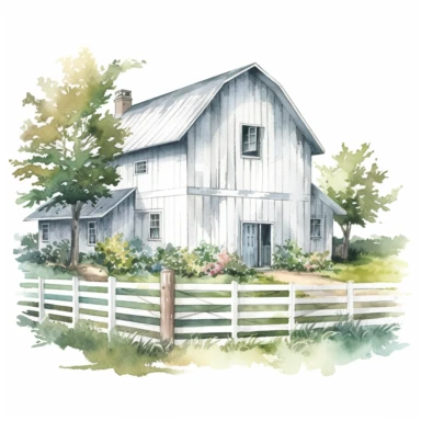 Clipart, a painting of a white barn with a white fence, a digital rendering by Laura Wheeler Waring, white background, shutterstock contest winner, american scene painting, detailed painting, watercolor, digital illustration