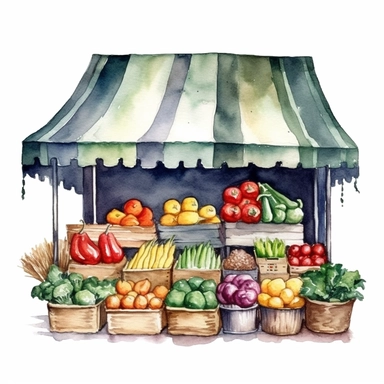 watercolor colorful clipart of a bountiful farmer's market, hd, on white background