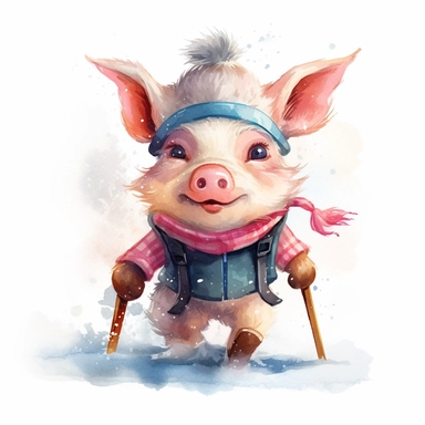 Cute Miniature Pig BABY, BEAUTIFUL big SHINING EYES ,HAPPY, dressed like skier on skiis in snow, Watercolor Little Animals Clipart, COLORFUL