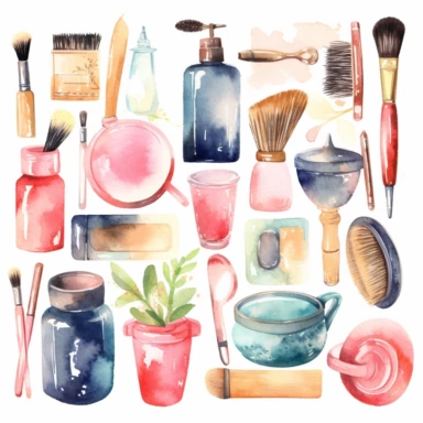 clipart set beauty and spa tools, comb, brush, flask, bottle, soap, brush, soap dispenser, lotion, whimsical, cute, watercolor, clear margins between objects, isolated on white background