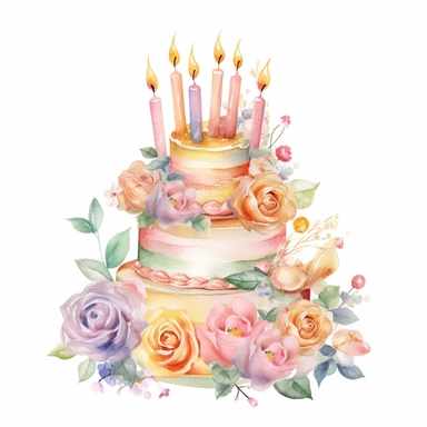 complex watercolor illustration of cute vintage floral pastel birthday cake with candles covered with pastel roses, isolated ,disney style,concept,art,8k,hd,watercolor,detailed,white backround,clipart