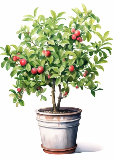 little watercolor intense malay apple tree growing in mediterranean pot clipart on white background