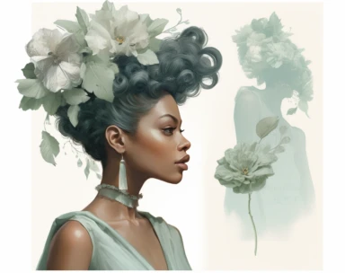 mint green pastel vector clipart african american mrs, in the style of dark white and light emerald, victorian-inspired illustrations, detailed botanical studies, nick alm, jeannette guichard-bunel, sterling silver highlights, hand-painted details