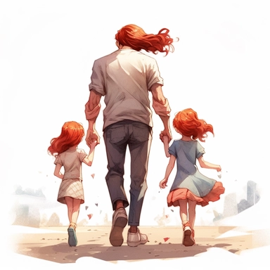view of back, father holding daughter and boy hand walking away, red hair, Watercolor Clipart, strybk, full Illustration, chibi kawaii, 8k, sharp focus, watercolor, smooth soft skin, symmetrical, soft lighting, detailed face, concept art, muted colors, children's style fairy tales, Octane rendering, 3D, Craig Davison, Aubrey Beardsley, Conrad Roset, Aikut Aidogdu, Agnes Cecil