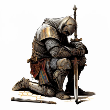 old knight on his knee bows his head like he is praying and holding his sword horizontaly to the ground,design for tshirts + white background +,clipart drawing,clipart image,high definition drawing,clean colors,balanced colors,detailed drawing,--v 4