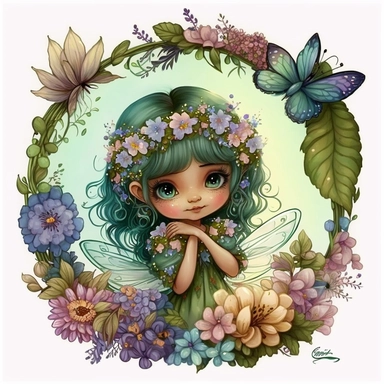 a cure fairy with a wreath of flowers and butterflies, by Jasmine Becket-Griffith, cute detailed artwork, cute detailed digital art, , whimsical and cute, fairy in flowers, magical fairy,, fantasy illustration, illustration, fantasy flowers and leaves, aesthetic cute with flutter, front page of art station, goddess of spring, flower frame, spring theme, clipArt style, solid whir backgtounf