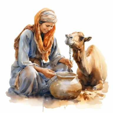 Moroccan woman, wearing touareg clothes, milking a camel in mud jar white background watercolor clipart