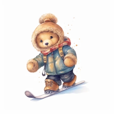 Cute Teddy Bear Clip Art, sticker, different move, wearing clothes, white background, 4K, playing skiing