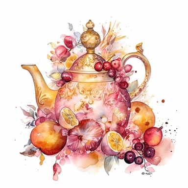 clipart watercolor porcelain tea pot, in the style of pink and gold, digital illustration, elaborate fruit arrangements, oshare kei, tinycore, spectacular backdrops, white background