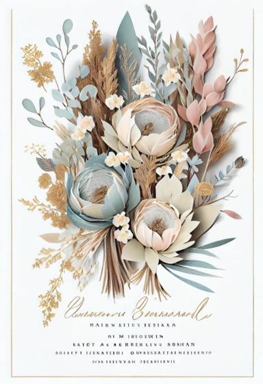 beautiful, intricate, sharp focus, light blue, tan, and pink flowers, boho wedding invitation with white fluffy tail flowers, dried grasses, show entire invitation, no border, clipart, on white background, flat lay, extreme detail, wedding invitation,