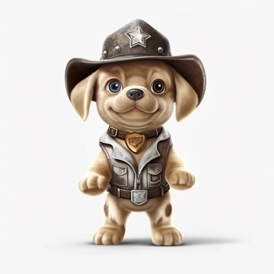 Adorable cute fantasy baby dog dressed like sheriff standing in dynamic pose,front view,fullbody,sharp through out,happy expression, nursery art, clipart image, lineart image, white background, very detailed, 8k, composition wide shot