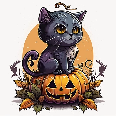 cute halloween cat , joyful mood , design for tshirts + white background + retro vintage style ,clipart drawing,clipart image,high definition drawing,clean colors,balanced colors,detailed drawing