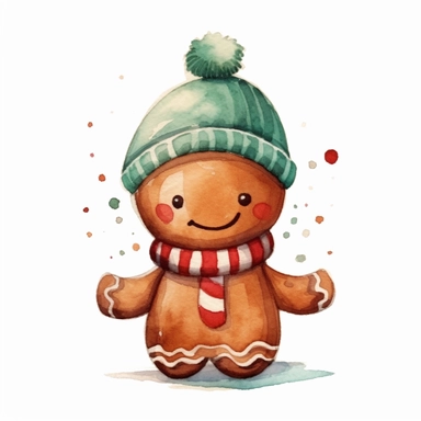 a cute watercolour gingerbread with an happy face and a christmas beanie on drawed in soft colours aquarell cartoon clip art