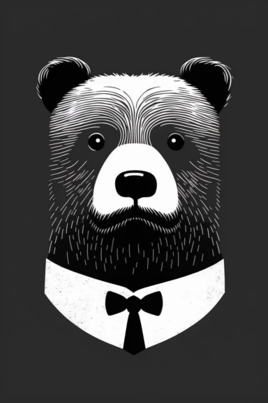 minimalistic pixar style clipart, minimalistic nordic style clipart, anthro hipster bear face with mustache, minimalistic black and white color palette,