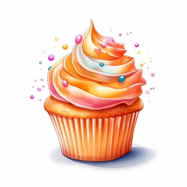 on white background cute and vibrant clipart featuring orange cupcake in watercolor style, hyper realistic photo flat color
