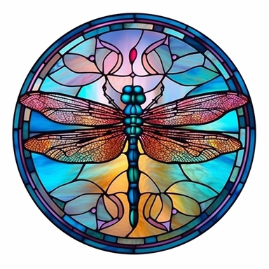 Vintage Cute Beautiful Colorful Round Faux Stained Glass Dragonfly Sublimation Clipart, Cartoon, hyper realistic, intricate detail, illustration style,high solution,on the white background